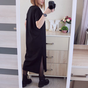 Casual 94% Cotton Summer Women&#39;s Dresses Solid Short Sleeve Spilt Long Midi Dress Fashion Sundress Female Clothing