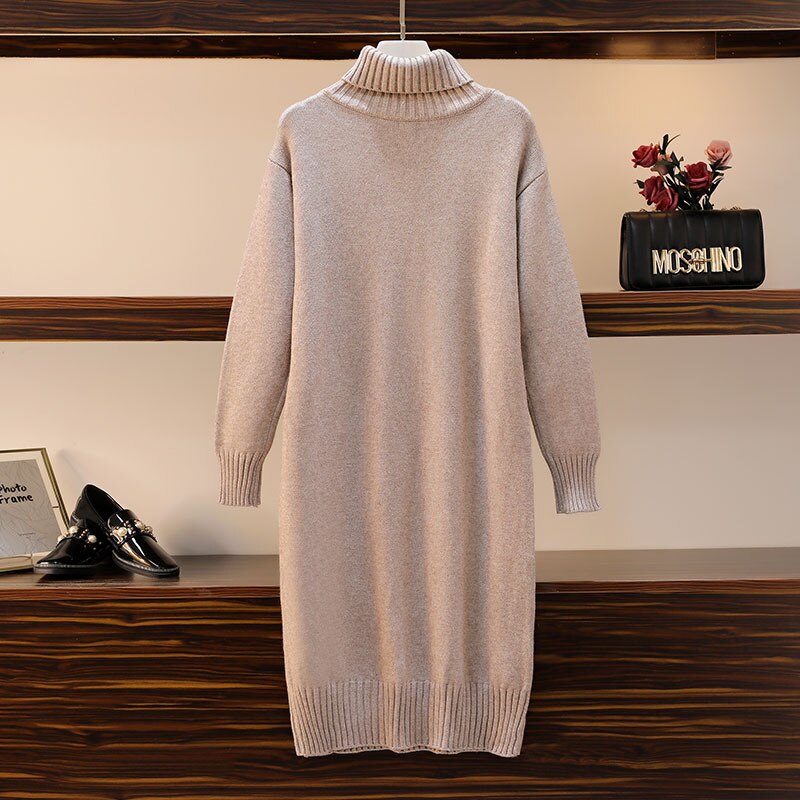 Knitted dress autumn and winter women&#39;s loose long sweater pullover turtleneck solid casual female