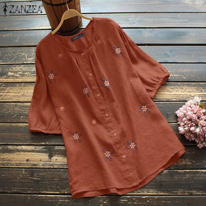 Stylish Summer Tops Women's Embroidery Blouses ZANZEA Floral Blusas Female Short Sleeve Tunic Casual Button Chemise