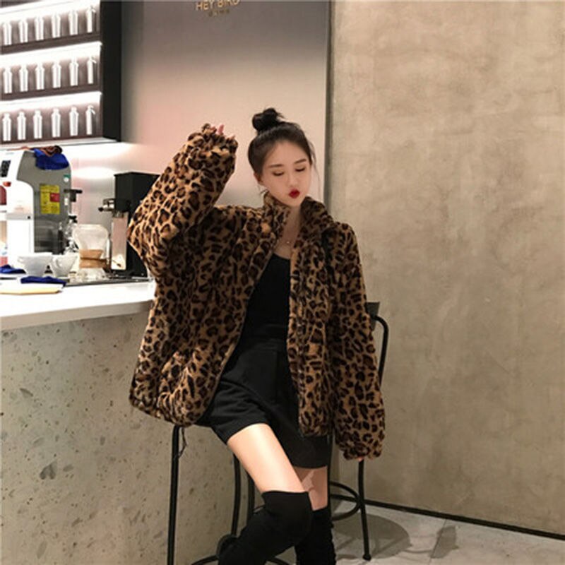 Winter Leopard Print Jacket Women&#39;s Stand collar Warm Parkas Outwear 2023 New Autumn Winter Korean Female Loose Faux Fur Coats