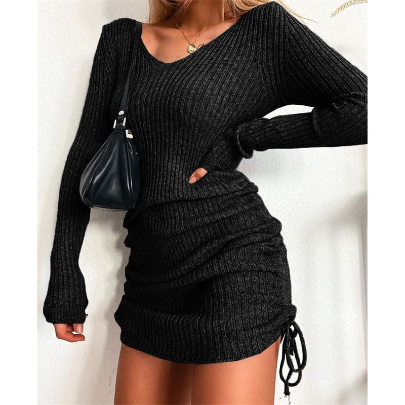 Women&#39;s Dress Knitted Drawstring Sexy Mini Dress Autumn Winter Elegant Fashion V-Neck Long Sleeve Bodycon Party Dresses Female