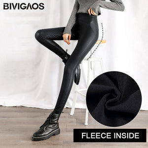 BIVIGAOS Autumn Winter Black Fleece Matte Leather Leggings Women&#39;s High Waist Lift Buttock Trousers Slim Skinny Legging Pants