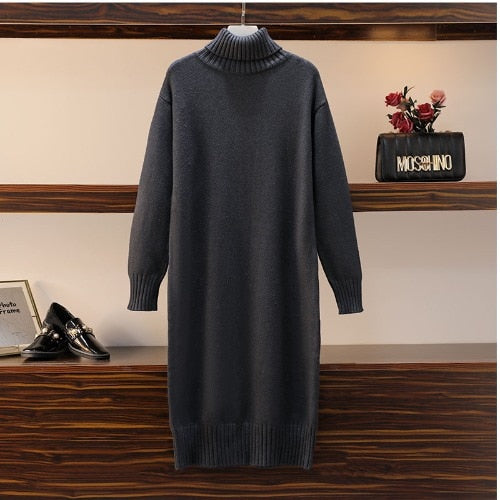 Knitted dress autumn and winter women&#39;s loose long sweater pullover turtleneck solid casual female