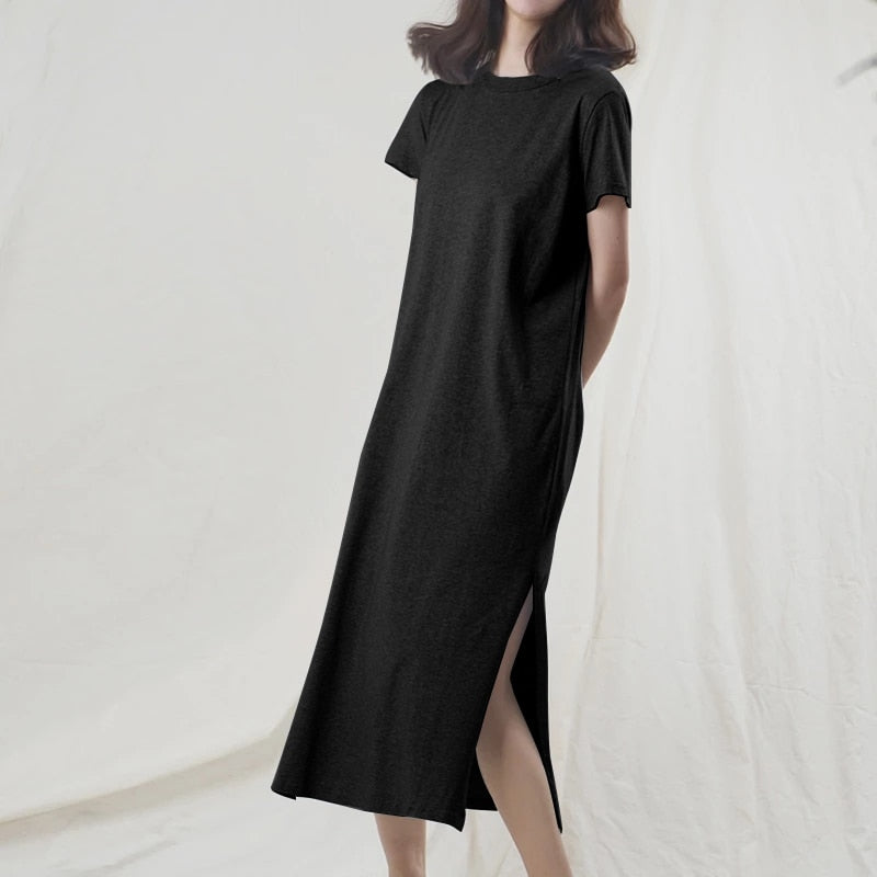 Casual 94% Cotton Summer Women&#39;s Dresses Solid Short Sleeve Spilt Long Midi Dress Fashion Sundress Female Clothing