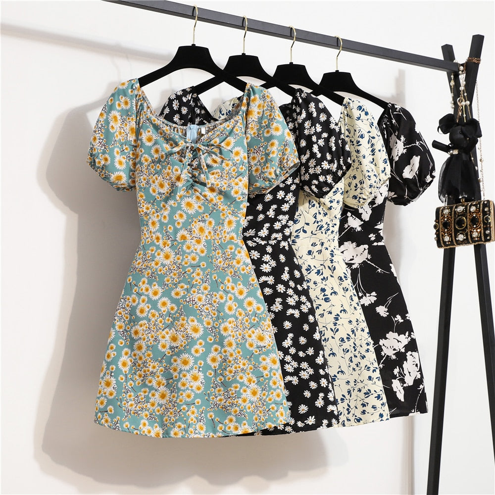 Women&#39;s Mini Sexy Dresses Summer Beach Floral Printed Shirring Pleated Elegant Short Puffy Sleeve Dress Korea Female Vestidos