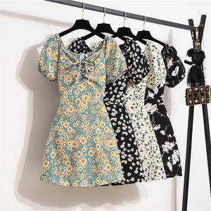 Women&#39;s Mini Sexy Dresses Summer Beach Floral Printed Shirring Pleated Elegant Short Puffy Sleeve Dress Korea Female Vestidos