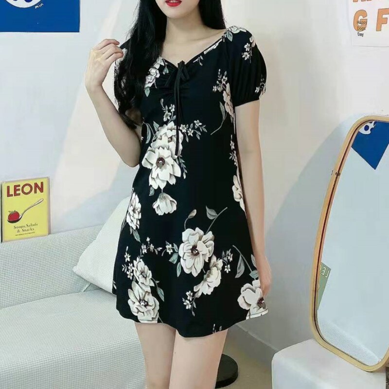 Women&#39;s Mini Sexy Dresses Summer Beach Floral Printed Shirring Pleated Elegant Short Puffy Sleeve Dress Korea Female Vestidos