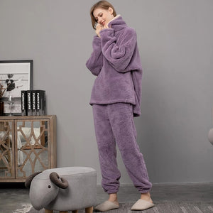 New Pajama Sets Women&#39;s Solid Long Sleeve Winter Woman Fluffy Pijama Suit with Pants Thick Warm Fleece Home Clothes for Female