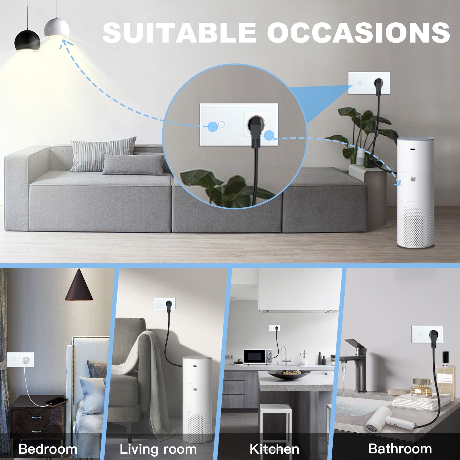 BSEED EU Standard Single Power Socket Touch Switch Crystal Panel USB Double Outlet Triple Wall Sockets Mounted Quadruple Sockets