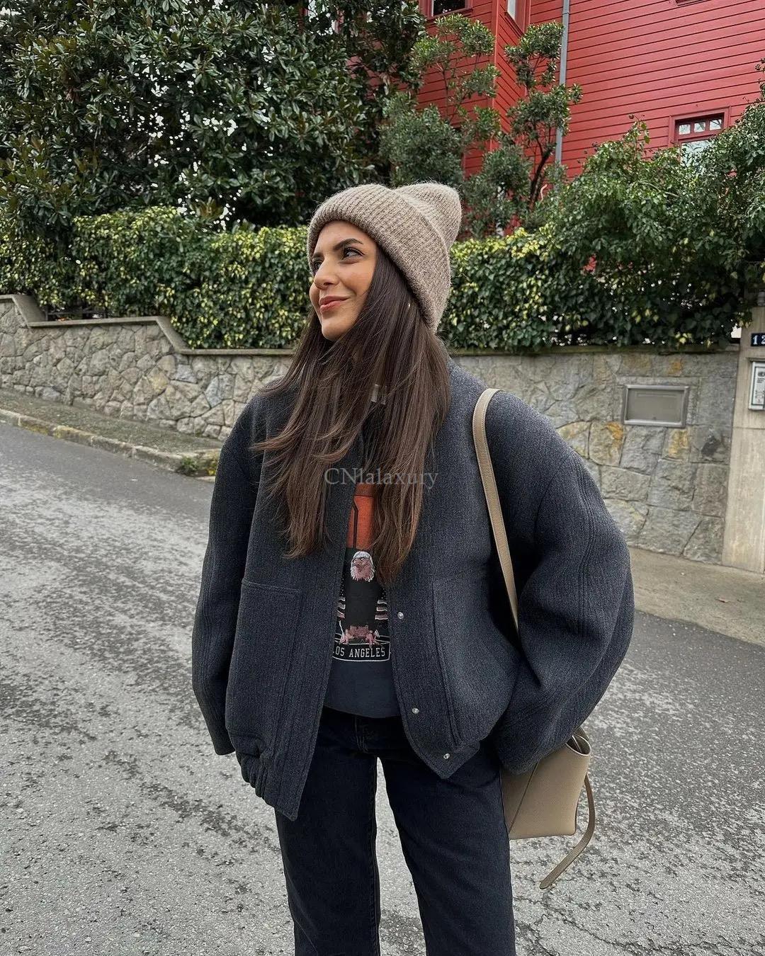CNlalaxury Women's Bombers Grey With Buttons Long Sleeve Jackets Coat 2023 Spring Winter Female Warm With Pockets Casual Outwear