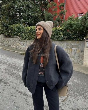 CNlalaxury Women's Bombers Grey With Buttons Long Sleeve Jackets Coat 2023 Spring Winter Female Warm With Pockets Casual Outwear
