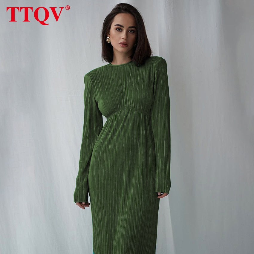 TTQV Winter O-Neck Green Women&#39;S Dress Elegant Long Sleeve Bodycon Midi Dresses Female Casual Pleated Dress For New Year 2022