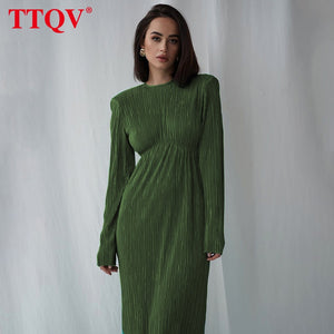 TTQV Winter O-Neck Green Women&#39;S Dress Elegant Long Sleeve Bodycon Midi Dresses Female Casual Pleated Dress For New Year 2022