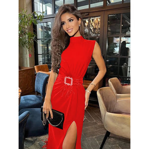 Fashion Black Feather Split Midi Bandage Dress New Summer Women's Sexy Sleeveless Belted Celebrity Club Party Dress Vestidos