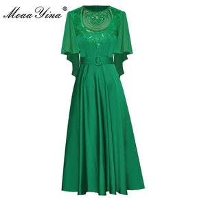 MoaaYina Fashion Designer dress Summer Women&#39;s Dress Butterfly Sleeve Hollow-out Embroidery Sashes Green Party Dresses 2022