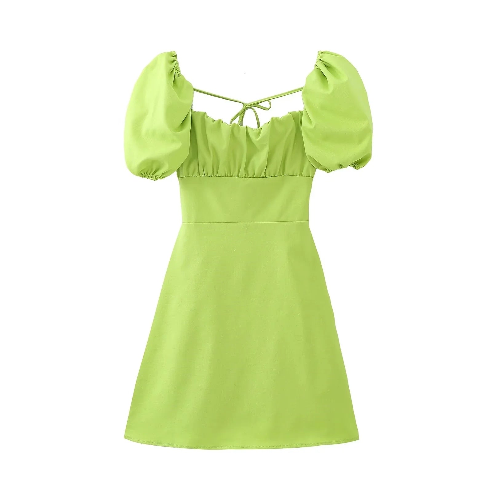 XNWMNZ women white fashion linen blend dress female square neck short puff sleeves backless crossover straps dress for women's
