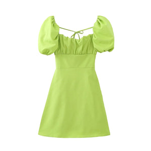 XNWMNZ women white fashion linen blend dress female square neck short puff sleeves backless crossover straps dress for women's