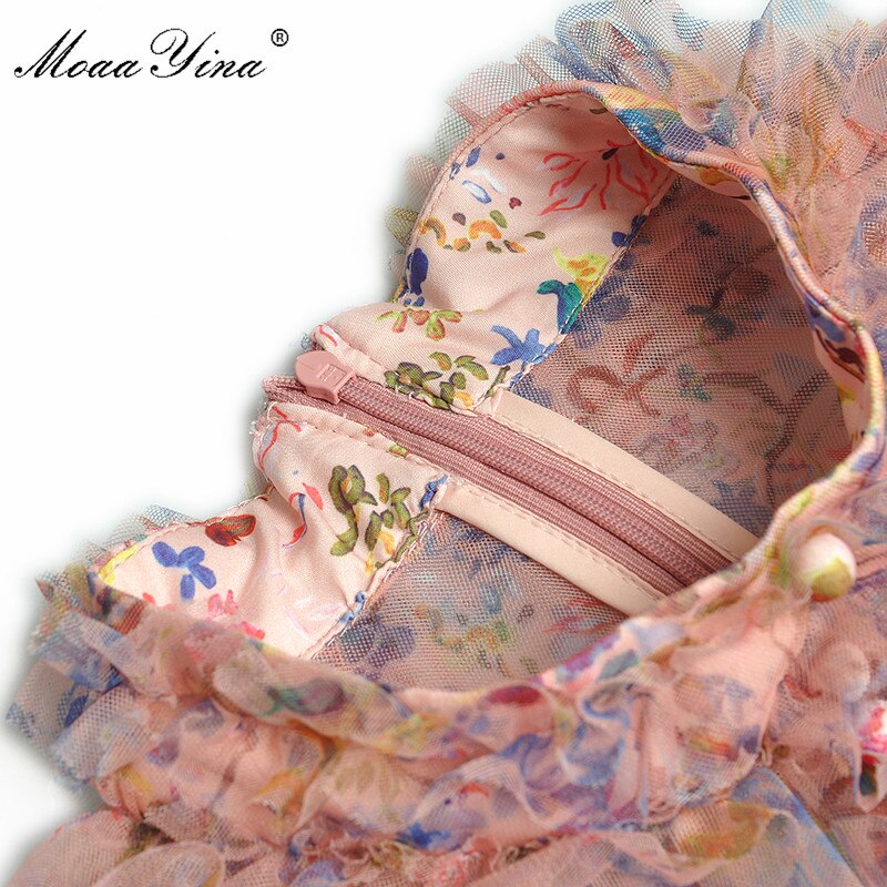 MoaaYina Fashion dress Spring Women&#39;s Dress Stand collar Lantern Sleeve Ruffles Mesh Floral Print vacation Party Maxi Dresses