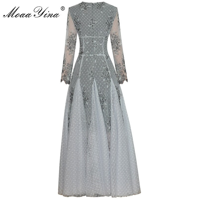 MoaaYina Fashion Designer dress Spring Women's Dress V neck See-through Long sleeves Mesh Embroidery Party Elegant Dresses