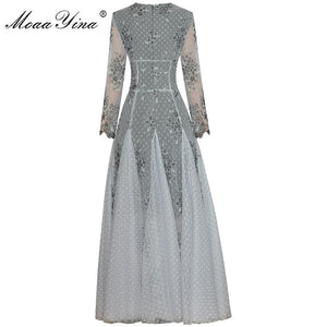 MoaaYina Fashion Designer dress Spring Women's Dress V neck See-through Long sleeves Mesh Embroidery Party Elegant Dresses