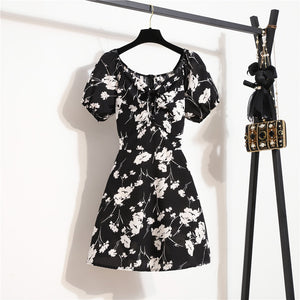 Women&#39;s Mini Sexy Dresses Summer Beach Floral Printed Shirring Pleated Elegant Short Puffy Sleeve Dress Korea Female Vestidos