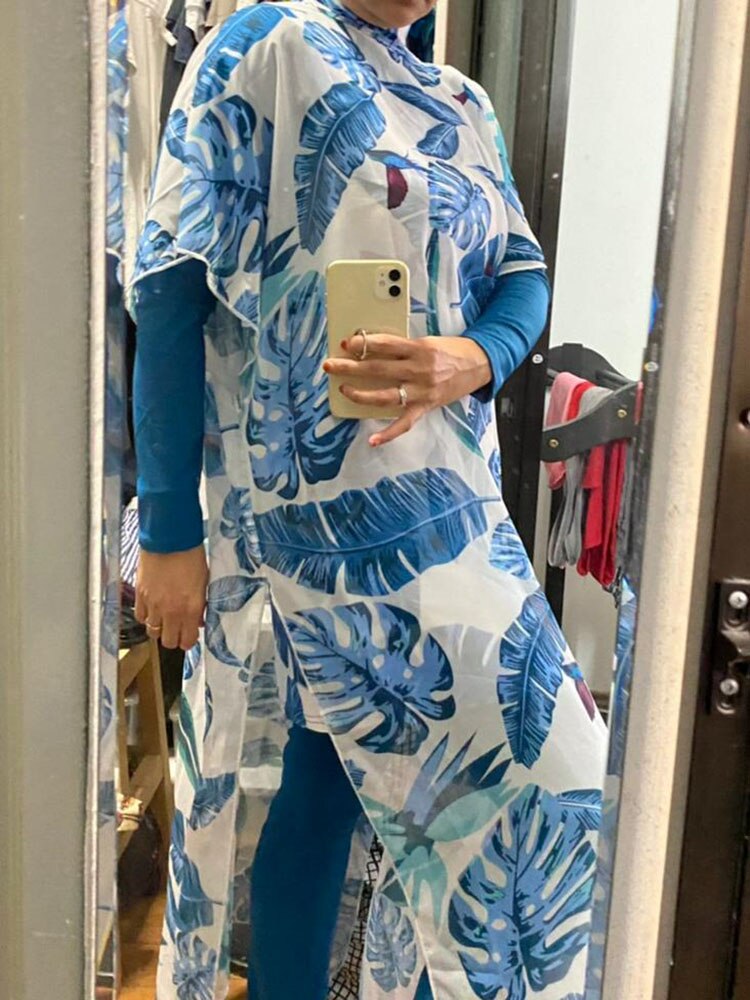 4 Pcs Women's Muslim Swimwear Digital Printed Lslamic Clothes Hijab Long Sleeves Sport Swimsuit Burkinis Wear Bathing Suit 4XL
