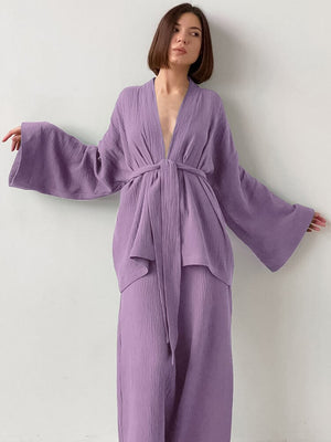 100% Cotton Women&#39;s Nightgown Robe Pajama Sets Flare Nightgown Trouser Suits Drop Sleeves Set Woman 2 Pieces Bathrobe For Women
