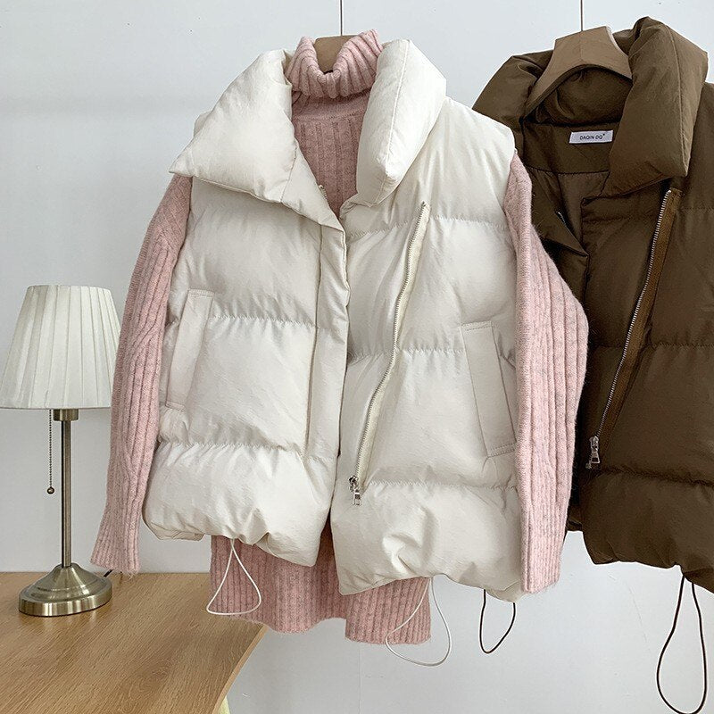 Winter Women&#39;s Vest Stand Collar Zipper Sleeveless Padded Puff Jacket Overcoat Solid Color Loose Drawstring Waistcoat Vest Coat