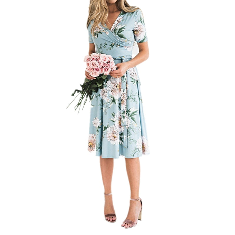 Women&#39;s Boho Chiffon Midi Casual Printed Dresses Evening Party Beach Dress Floral Sundress