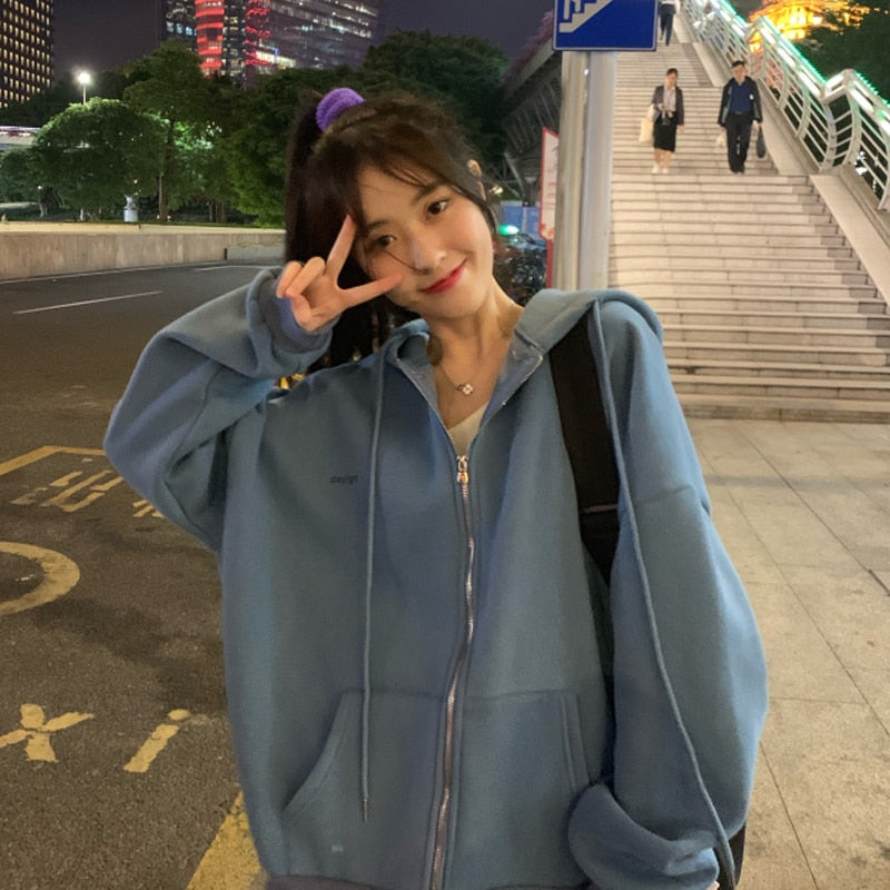 Hip Hop Zip Up Hoodie Vintage Star Patch Cotton Loose Sweatshirt Jacket Harajuku Gothic Long Sleeve Women Sweatshirt Y2k Clothes
