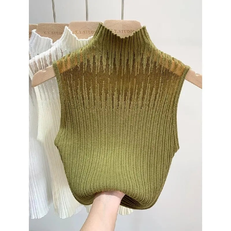 Hollow Out Gauze Tank Top Turtleneck Elegant Sleeveless Design Slim Camis Knitting Solid Chic Corset Summer Women&#39;s Tube Top