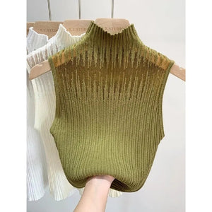 Hollow Out Gauze Tank Top Turtleneck Elegant Sleeveless Design Slim Camis Knitting Solid Chic Corset Summer Women&#39;s Tube Top