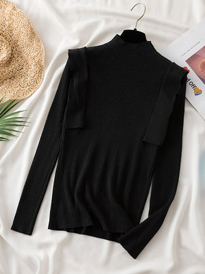 Knitted Pullover Top Pull Femme 2022 Ruffles Women's Sweater Autumn Winter Warm Half Turtleneck Casual Sweaters Chic Tops