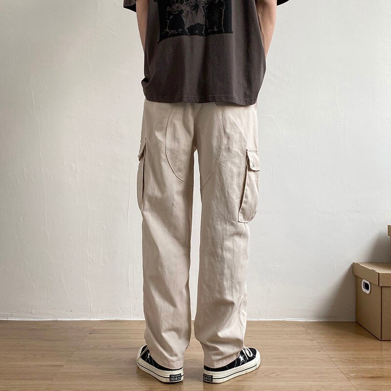 Summer Cargo Pants Men Fashion Retro Pocket Casual Pants Mens Japanese Streetwear Loose Hip Hop Straight Pants Mens Trousers