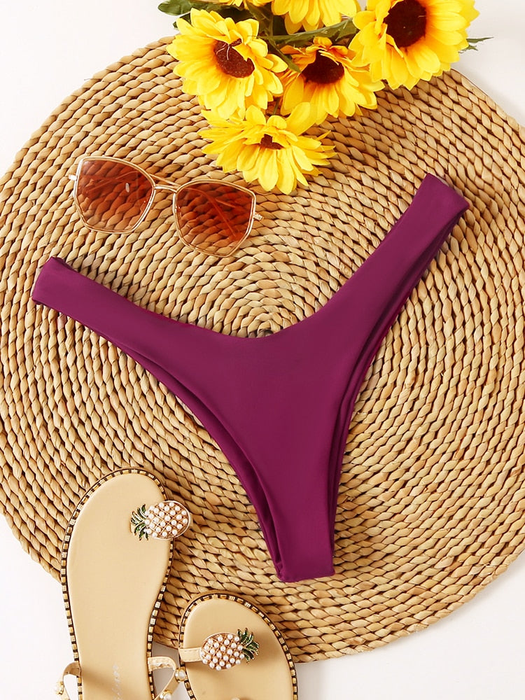 Bikini Bottoms Women&#39;s 2023 New Swimsuit High Waisted Bottom Solid Red Swimwear Thong Beachwear Brazilian Bathing Suit Summer