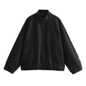 Women&#39;s Casual Loose Stand Collar Jackets 2023 Spring Warm Grey button Long Sleeve Bombers Fashion Plush Solid Female Outwear