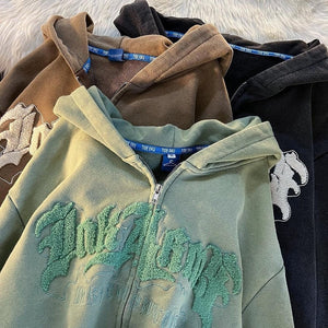 Harajuku Angel Ears Hoodies Women Retro Oversize Zipper Letter Embroidery Sweatshirts Autumn Y2K Long Sleeve Hooded Jackets Tops