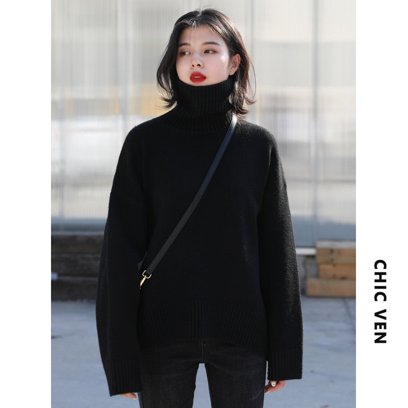 CHIC VEN Korean Women&#39;s Sweater Loose Turtleneck Sweaters Warm Solid Pullover Knitwear Basic Female Tops Autumn Winter 2022