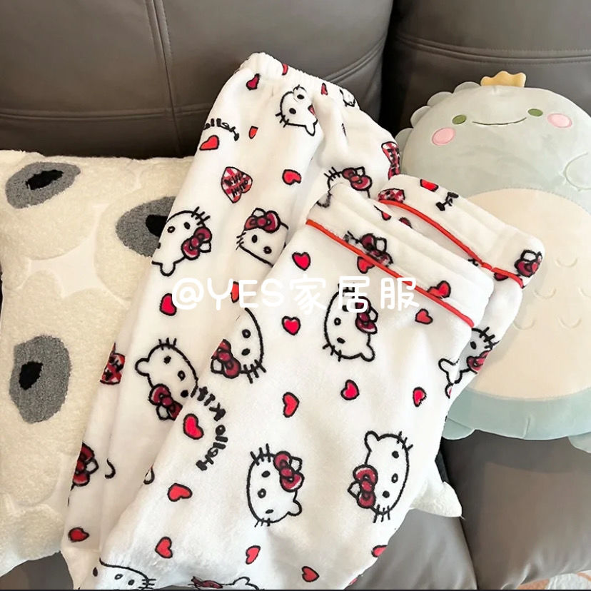 Sanrio Hello Kitty Pajama Pants Loungewear Women&#39;s Sleepwear Thickening Plush Lounge Wear Set Kawaii Thermal Nightwear for Girls