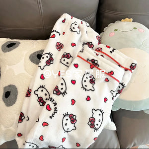 Sanrio Hello Kitty Pajama Pants Loungewear Women&#39;s Sleepwear Thickening Plush Lounge Wear Set Kawaii Thermal Nightwear for Girls