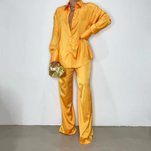 2022 Elegant Satin Women&#39;s Matching Sets Casual Long Sleeve Shirt Straight Pants Suit Female Loose Solid Tops Two Pieces Outfits