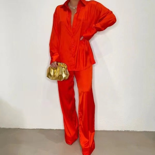 2022 Elegant Satin Women&#39;s Matching Sets Casual Long Sleeve Shirt Straight Pants Suit Female Loose Solid Tops Two Pieces Outfits
