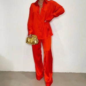 2022 Elegant Satin Women&#39;s Matching Sets Casual Long Sleeve Shirt Straight Pants Suit Female Loose Solid Tops Two Pieces Outfits