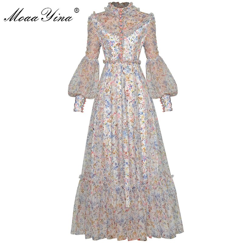 MoaaYina Fashion dress Spring Women&#39;s Dress Stand collar Lantern Sleeve Ruffles Mesh Floral Print vacation Party Maxi Dresses