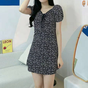 Women&#39;s Mini Sexy Dresses Summer Beach Floral Printed Shirring Pleated Elegant Short Puffy Sleeve Dress Korea Female Vestidos