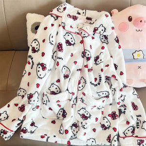 Sanrio Hello Kitty Pajama Pants Loungewear Women&#39;s Sleepwear Thickening Plush Lounge Wear Set Kawaii Thermal Nightwear for Girls