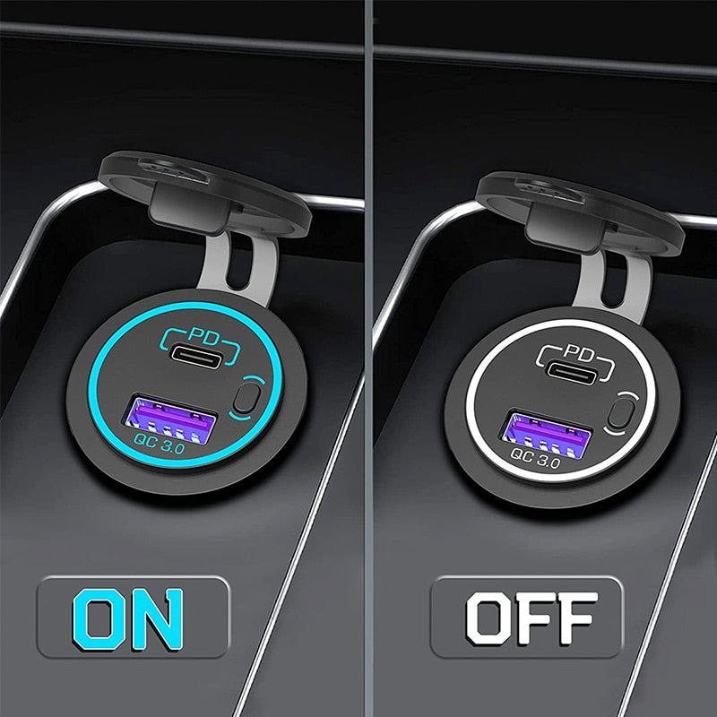 48W USB Charger Socket Waterproof Fast Charge Adapter PD Type C and QC3.0 Power Outlet With Switch For Car Marine Motorcycle