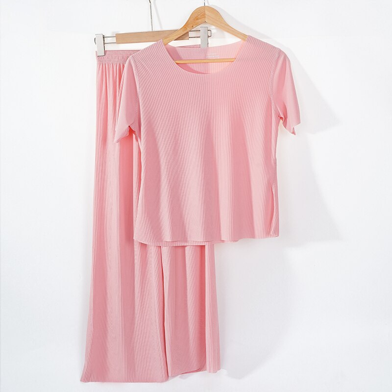 Pink Women&#39;s 7 Pieces Pajamas Sets Faux Silk Striped Pyjama Women Sleepwear Spring Summer Autumn Homewear Lounge Home Clothes