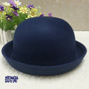 Adult Children Flat-top Fedora Hat Pure Color Imitation Wool Jazz Hat Wide Brim Ladies Elegant Round Hat Bowler Hat