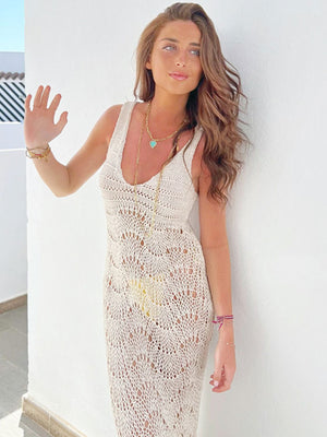 New White Crochet Tunic Swimwear Cover-ups 2023 Women's Clothes Sexy Hollow Out Low-cut Solid Color Slim Beach Maxi Dress A2210